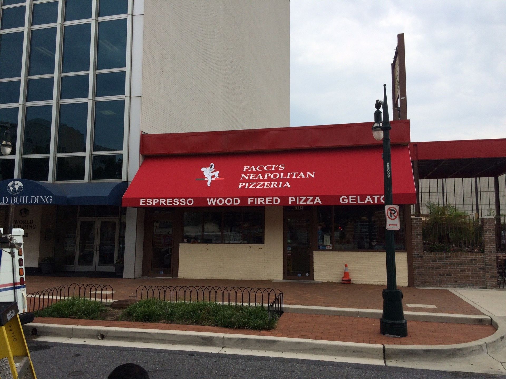 A red awming is installed in the buidling