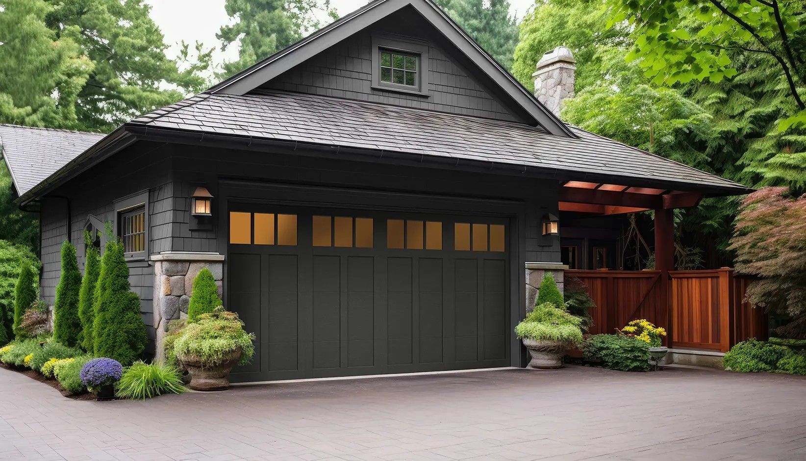 A dark gray garage with stone accents, a shingled roof, and a wooden side porch, surrounded by trees and landscaping.