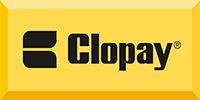 The Clopay logo featuring black text on a yellow rectangular background.