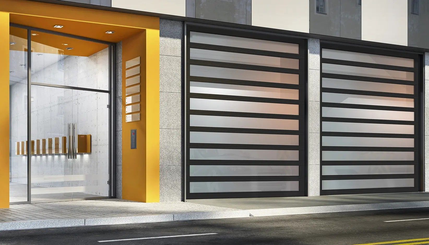 A street-level building entrance with a glass door, a bright yellow frame, and two horizontal slatted gray garage doors.