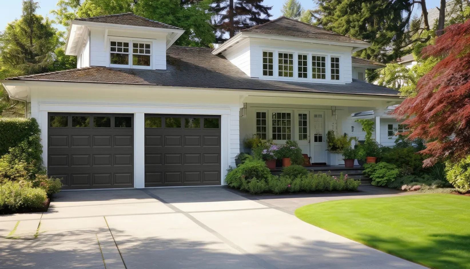 White suburban house with a double garage, front porch, and landscaped lawn in bright daylight