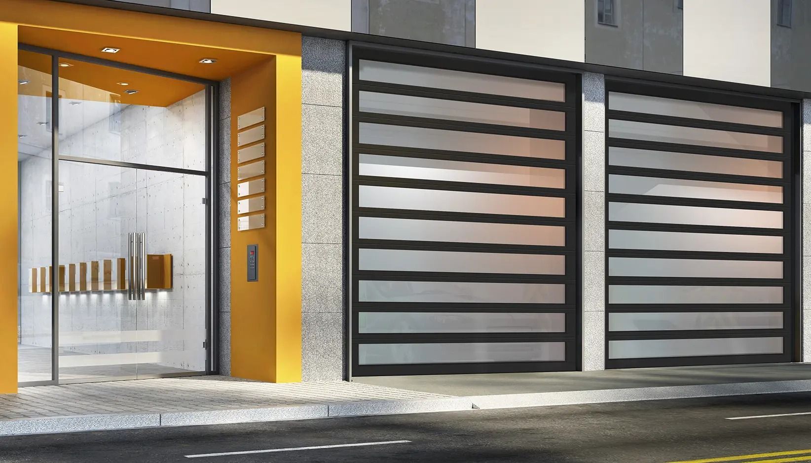Modern house entrance with yellow walls, glass door, and gray slatted gate by the street