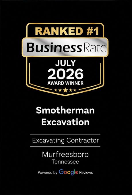 Black award badge for Smotherman Excavation, ranked #1 BusinessRate July 2026 award winner in Murfreesboro, Tennessee