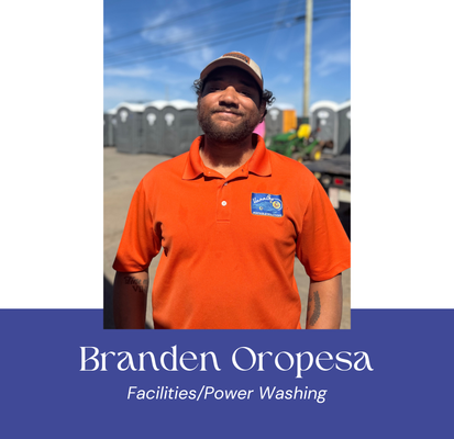 Man in orange polo shirt with cap, standing outdoors, text identifies him as Branden Oropesa, Facilities/Power Washing.
