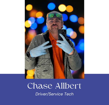 Man in jacket, sunglasses, and gloves taking a selfie with peace signs in front of bokeh lights. Text: Chase Allbert, Driver/Service Tech.