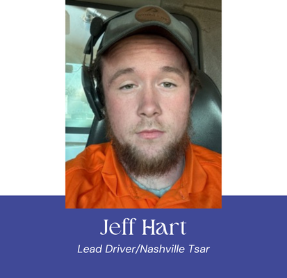 Jeff Hart, Lead Driver/Nashville Tsar, portrait with beard and hat, wearing orange work attire.