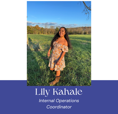 Woman in a floral dress, smiling, standing in a field. Name: Lily Kahale, Internal Operations Coordinator.