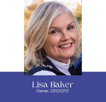Lisa Baker, owner/CEO/CFO, smiling, wearing a white turtleneck and navy vest.