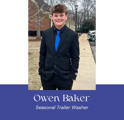 Owen Baker, wearing a black suit with blue tie, stands outside. Text below says 