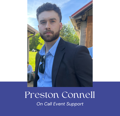 Preston Connell, wearing a suit, stands outdoors. Text below says 