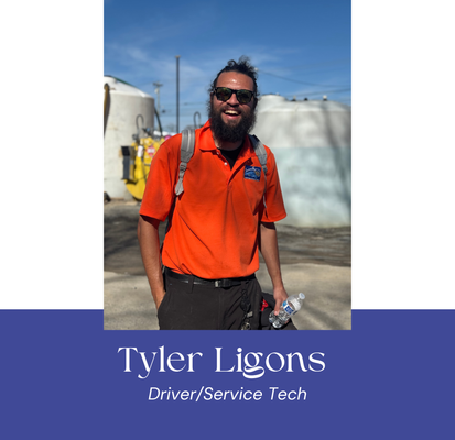 Tyler Ligons smiling, wearing orange shirt and sunglasses, Driver/Service Tech.