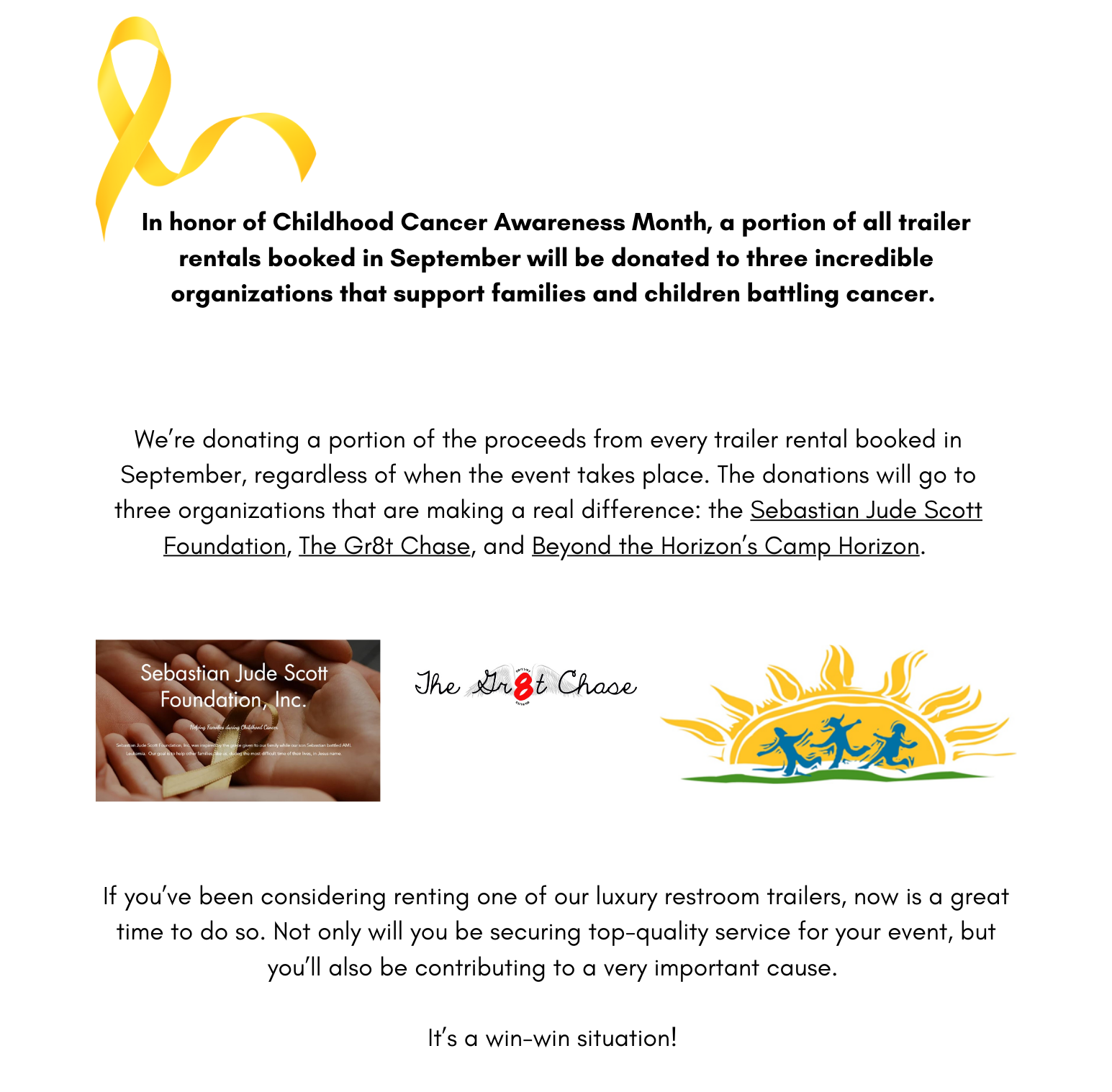 Flyer for Childhood Cancer Awareness Month. Portion of trailer rentals in September will be donated to support organizations. Yellow ribbon in the corner.