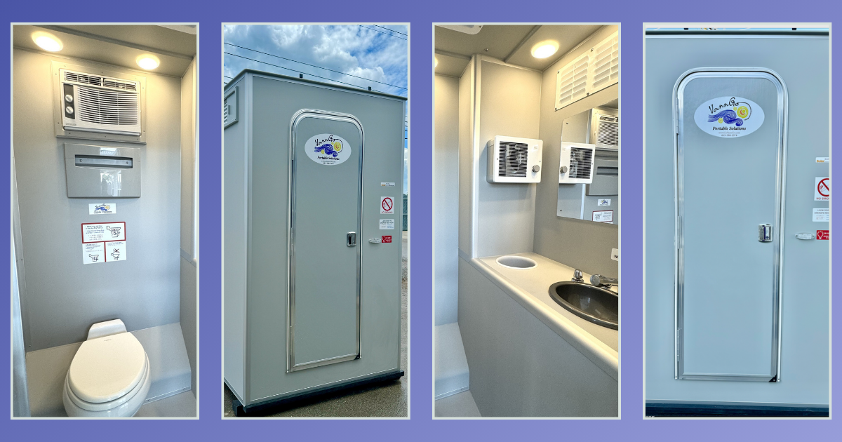 Four views of a handicap-accessible portable toilet. Interior and exterior views show a toilet, sink, and accessories. Gray and white colors.