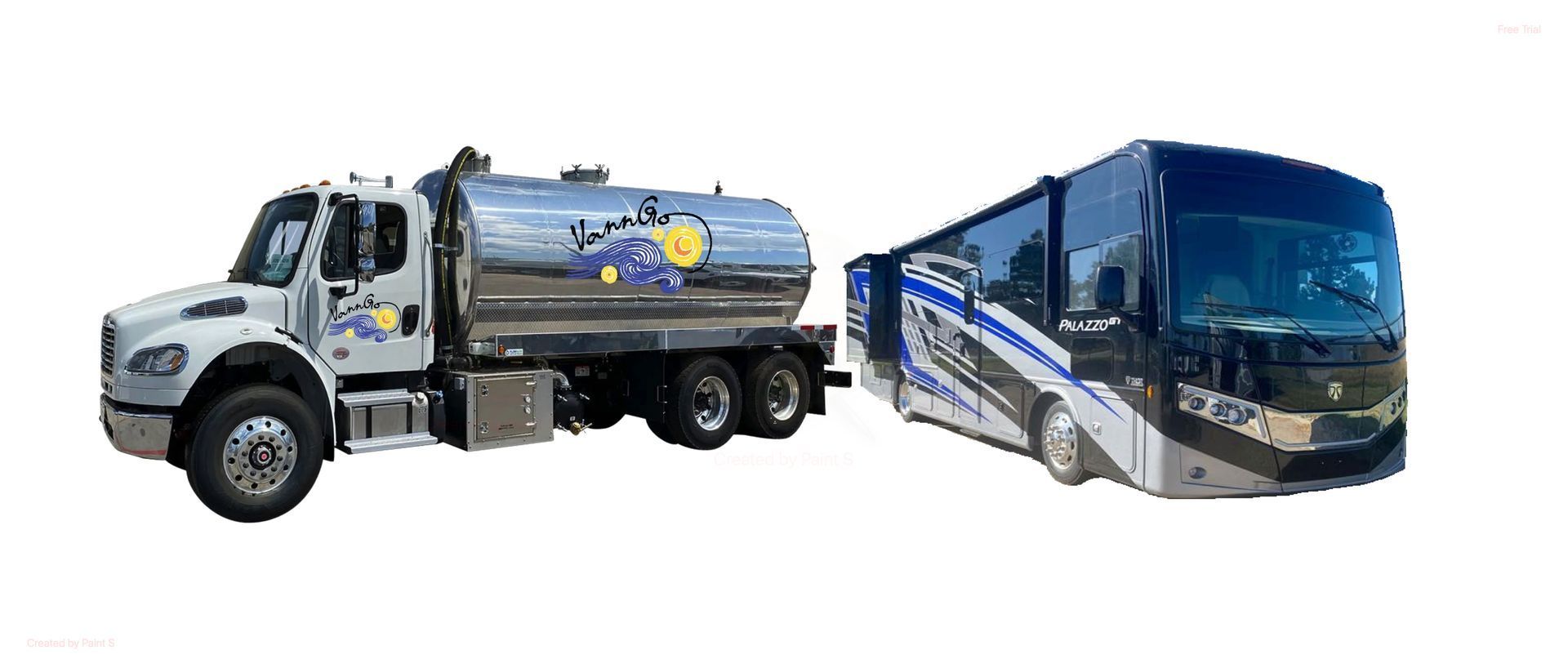White tanker truck next to a motorhome, both against a white background.