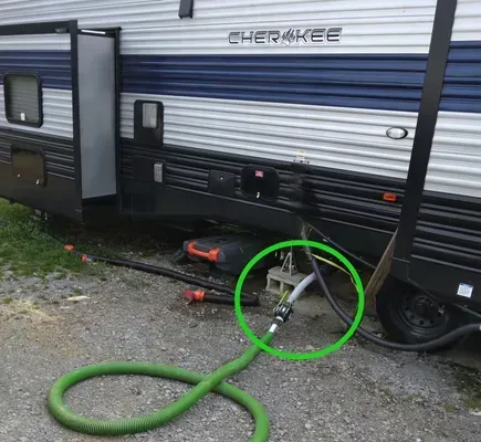 A green sewer hose connected to an RV drain valve, with a green circle highlighting the connection point