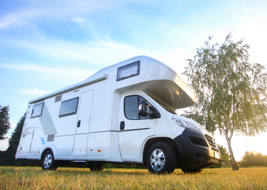 White recreational vehicle parked in a grassy field, with a tree and blue sky in the background.