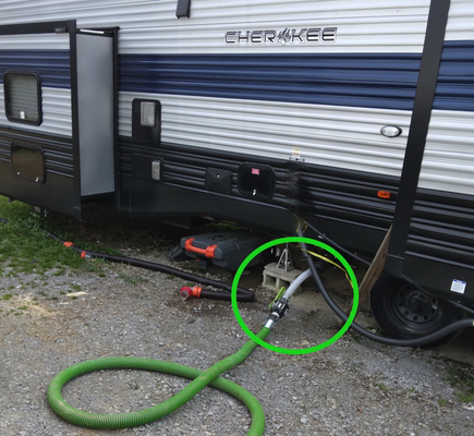 A green RV sewer hose connected to an outdoor drainage pipe, circled in green, parked next to a Cherokee travel trailer