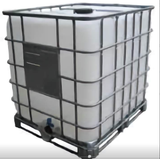 White plastic IBC tote container in a metal cage on a pallet.