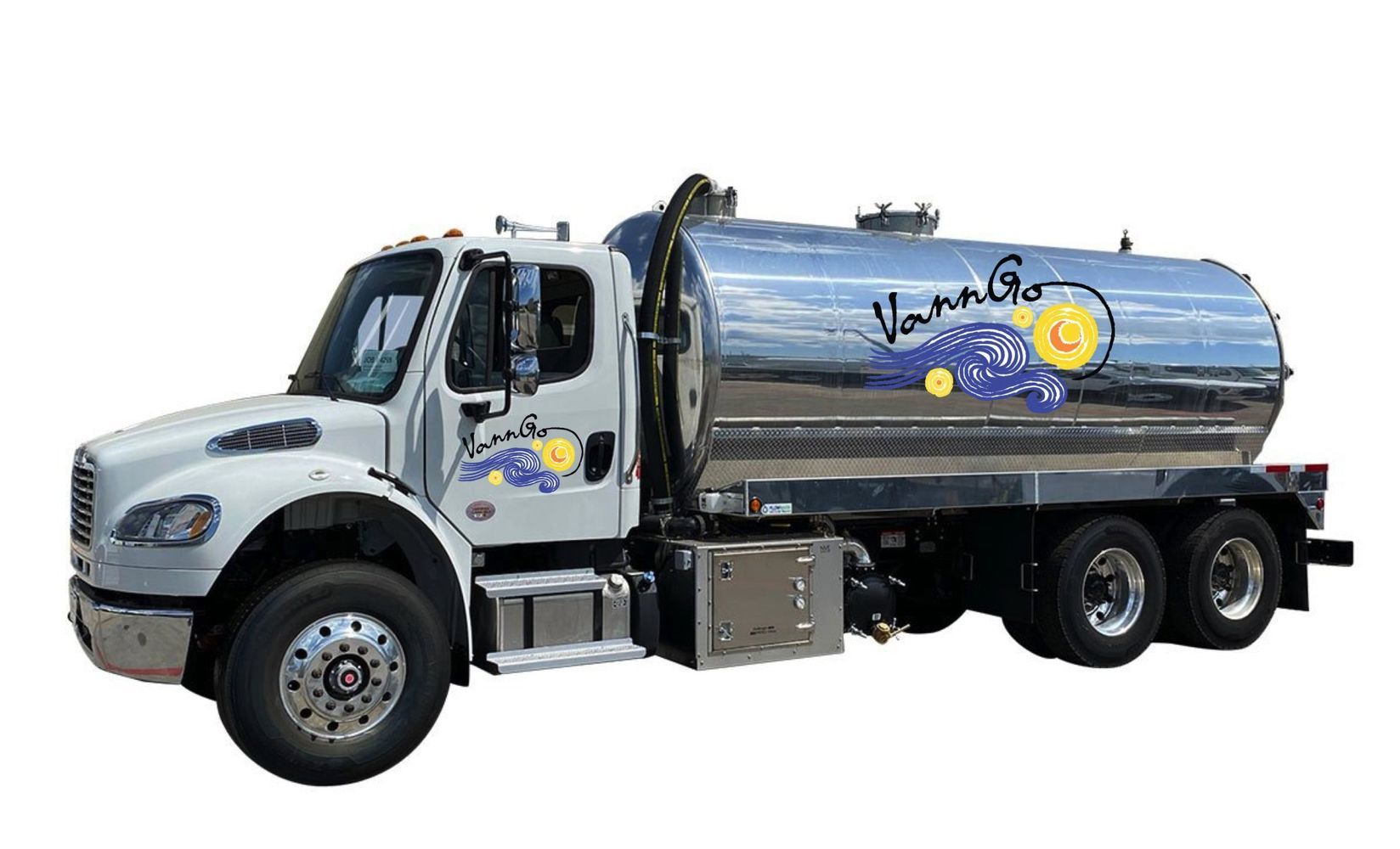 White septic tank truck with a silver tank, logo on the side, sunny day.