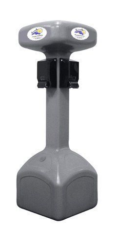Gray outdoor cigarette receptacle with a wide base, pole, and top.