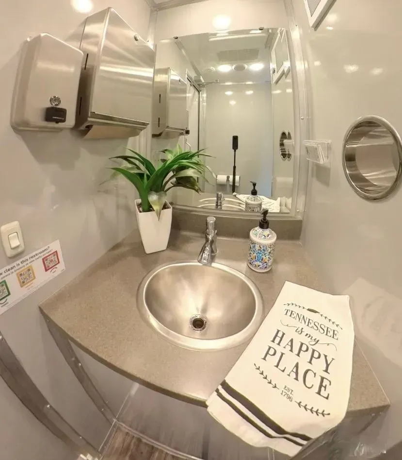 Bathroom with sink, mirror, and decorations. Stainless steel sink, Tennessee towel, potted plant.