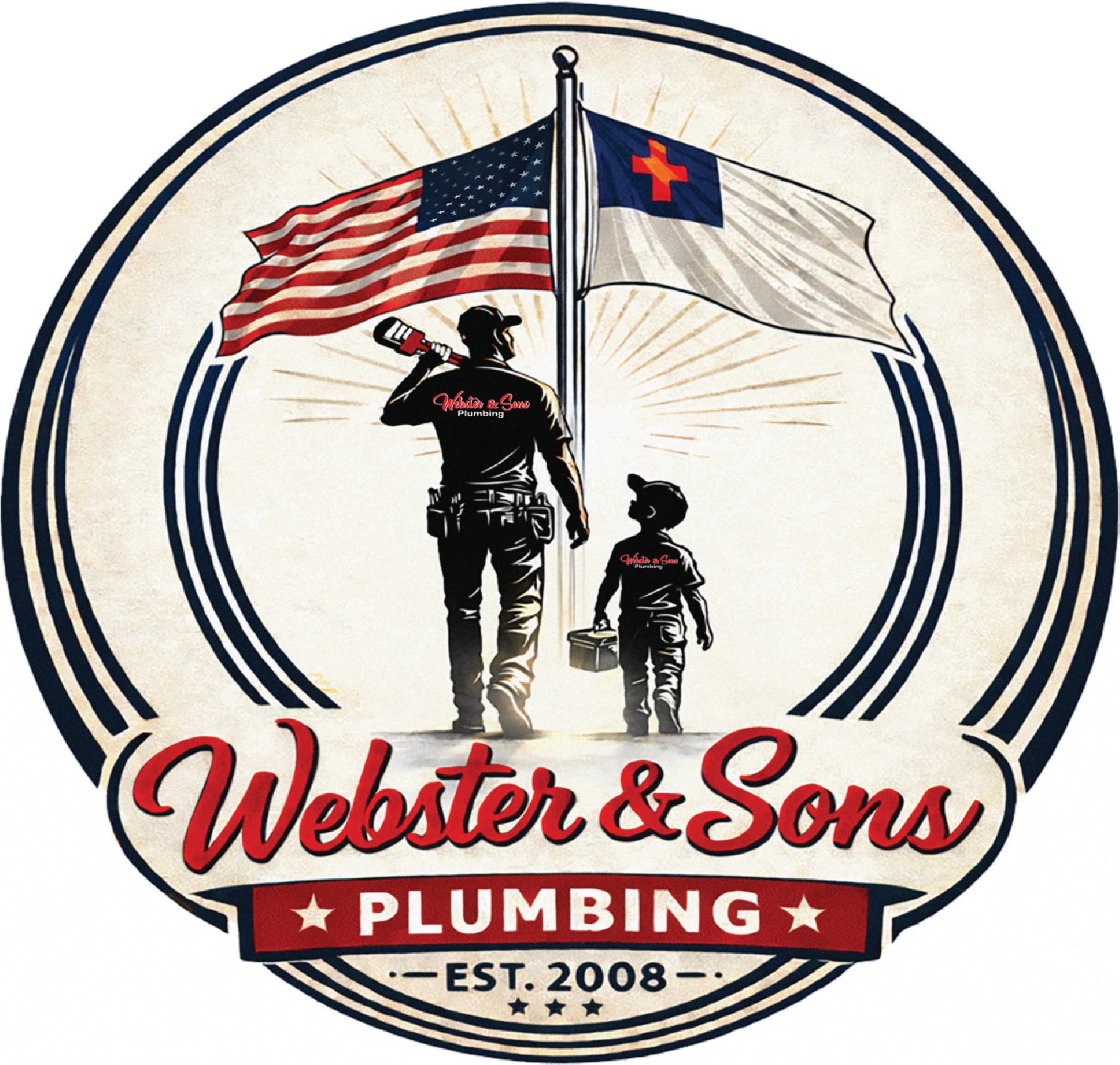 Webster & Sons Plumbing logo with workers raising U.S. and Texas flags, est. 2008
