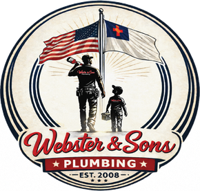 Webster & Sons Plumbing logo with workers raising U.S. and Texas flags, est. 2008