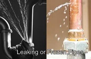 Two images of damaged pipes: black pipe gushing water, copper pipe leaking.