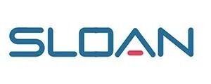 Sloan logo with blue letters, a hollow square in place of the letter