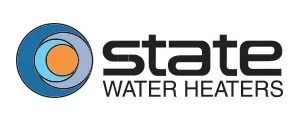 Logo for State Water Heaters: blue, gray, and orange swirl graphic next to bold text