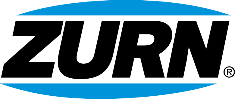 Logo of ZURN, black letters with a blue curved line background.