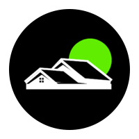 Black circle logo with a white house and bright green sun or moon behind it