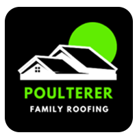Poulterer Family Roofing logo with black background, white roof graphic, and green accent circle and text