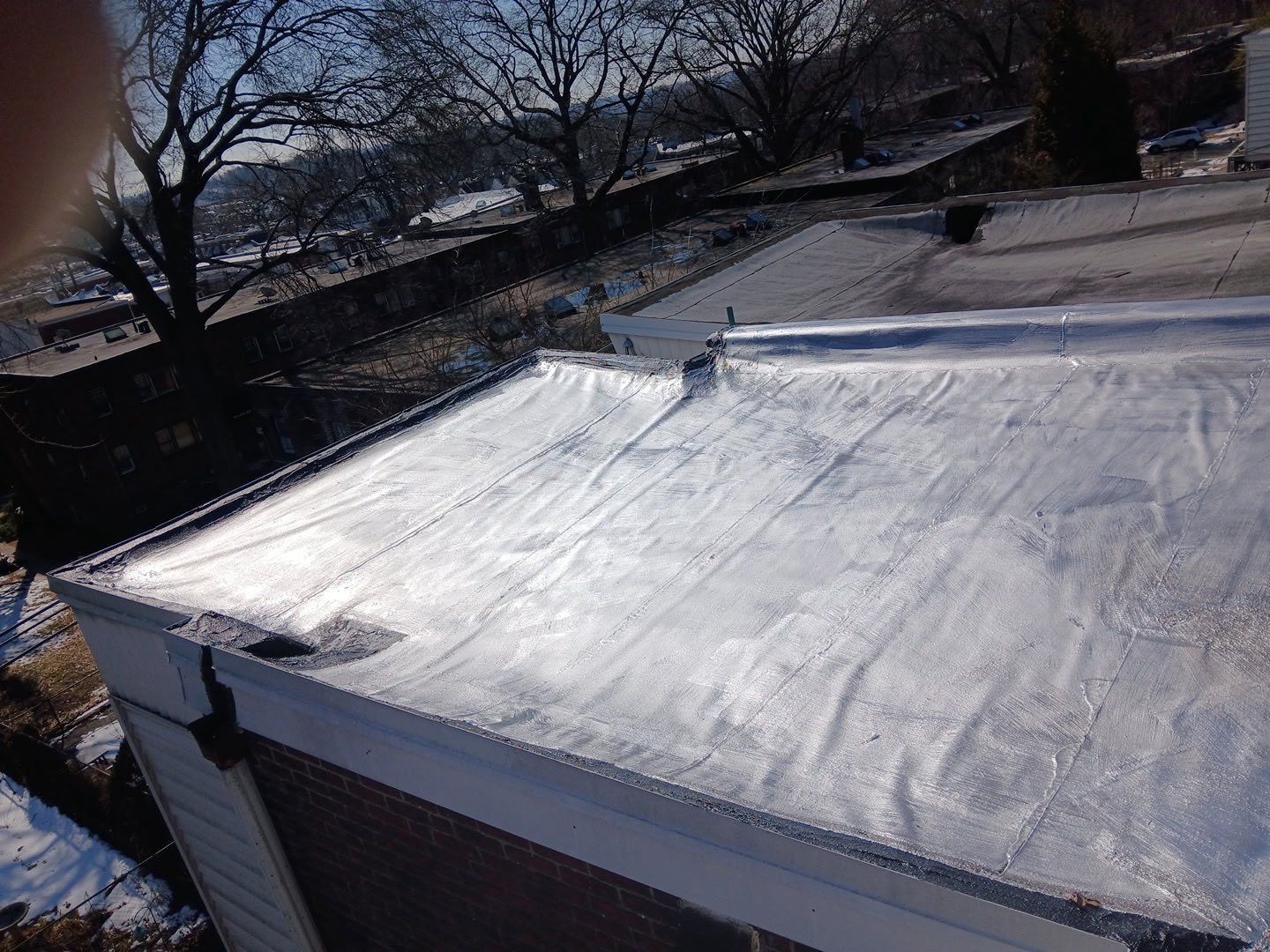 Snow-covered rooftop with a small vent, trees in the background.
