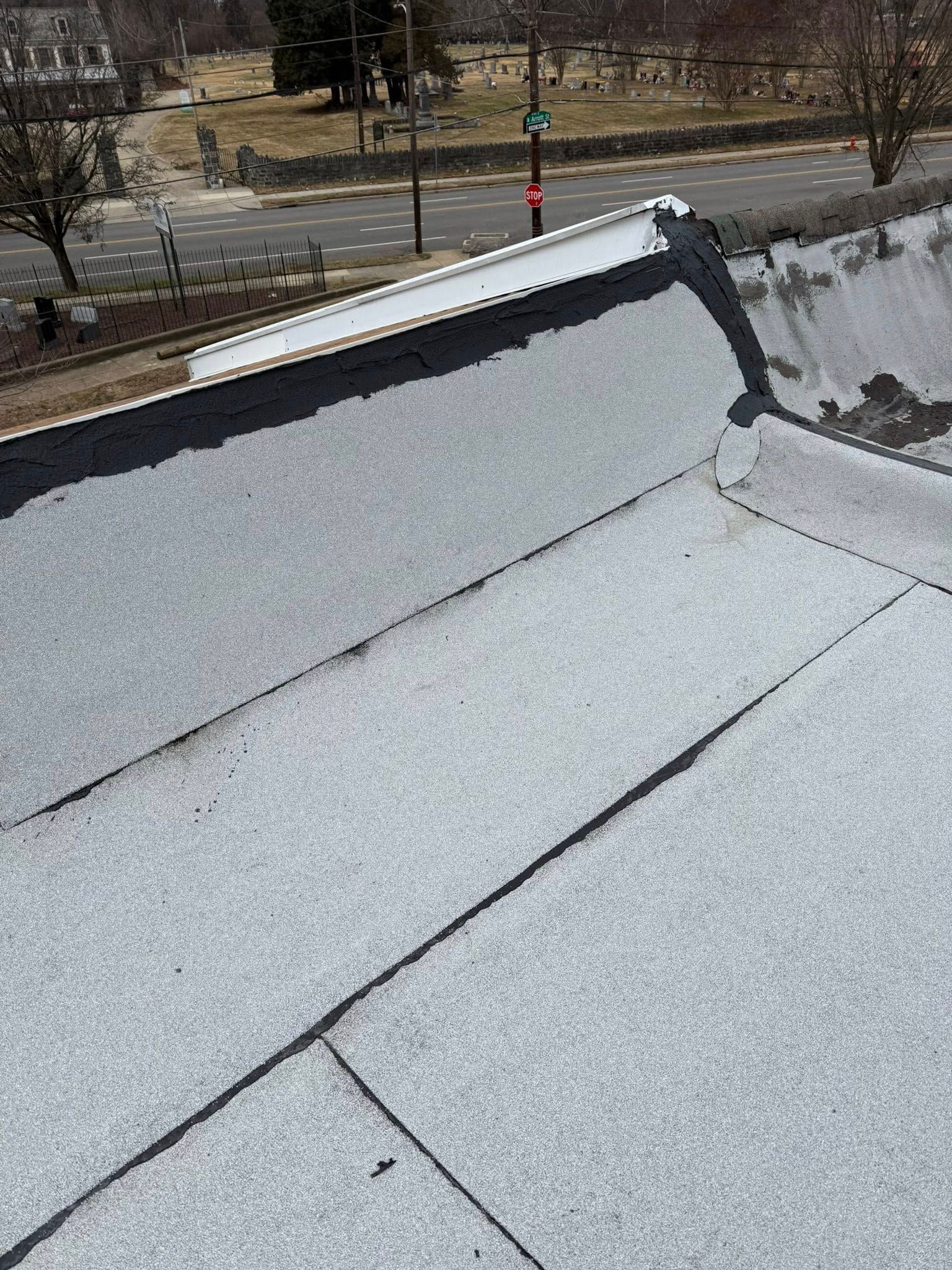 Flat gray rooftop with a damaged black seam near the edge, overlooking a street and trees