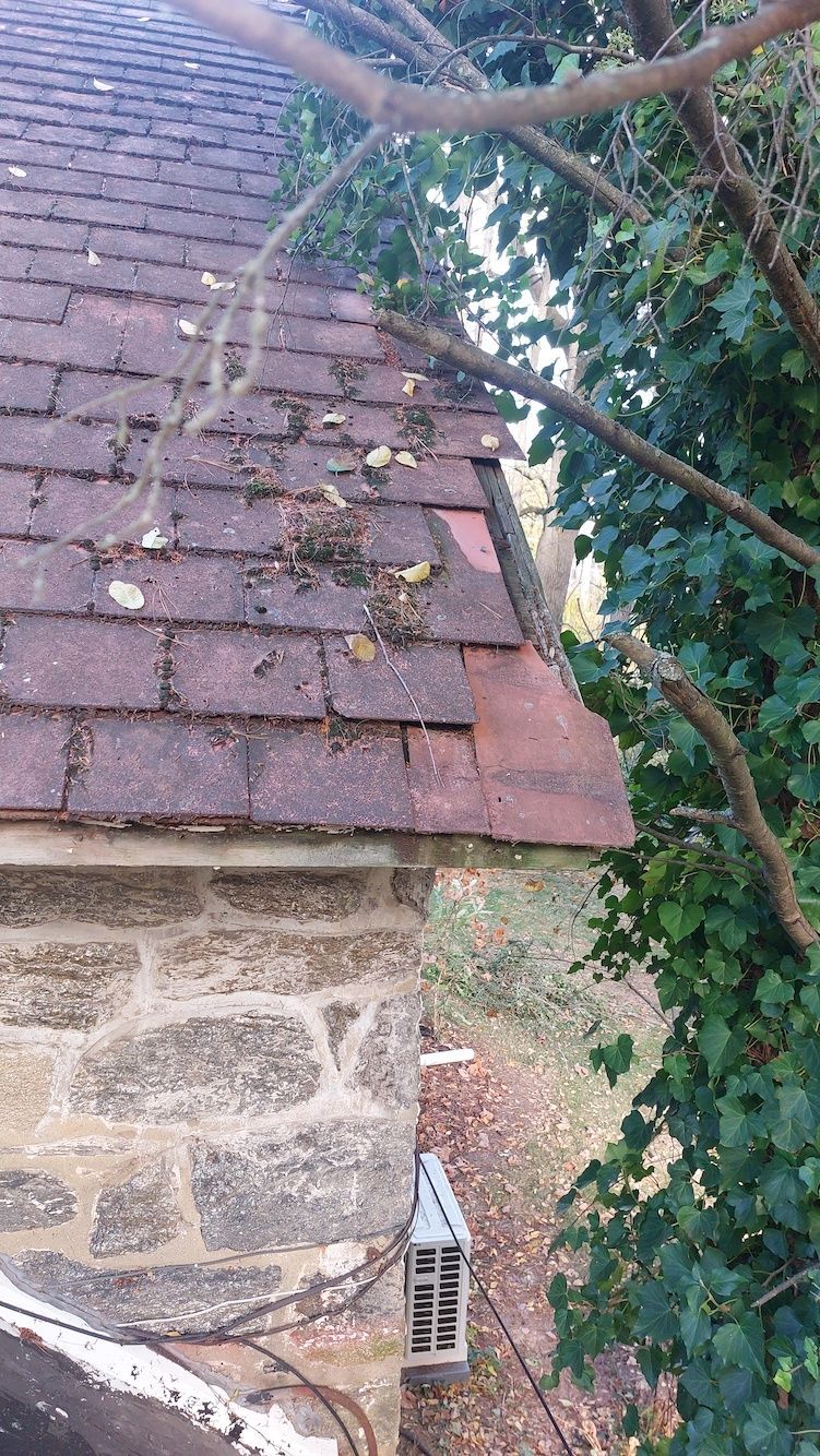 Stone house with weathered red shingle roof and tree branches overhanging the side