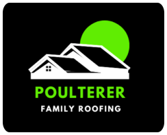 Poulterer Family Roofing logo with white roof graphic, green circle, and black background