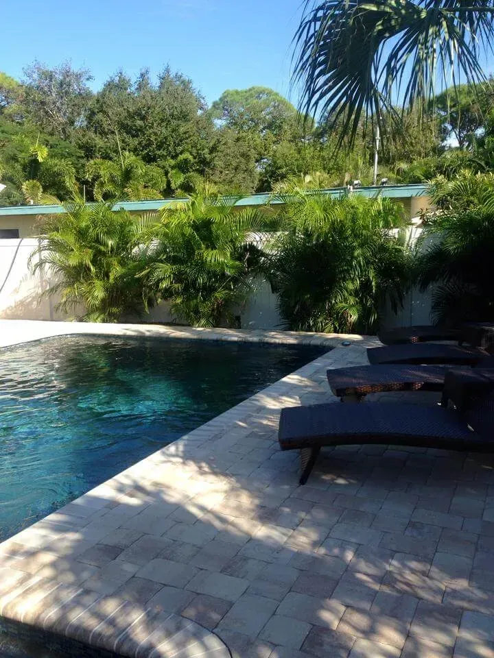 Poolside patio with dark lounge chairs beside a blue swimming pool and lush greenery in the background