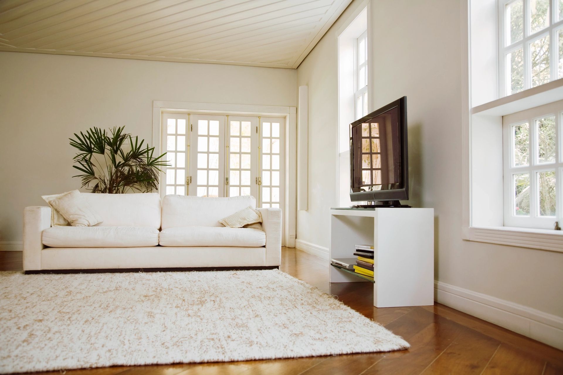 White living room with a couch, rug, TV, and French doors. Wooden floor and white walls.