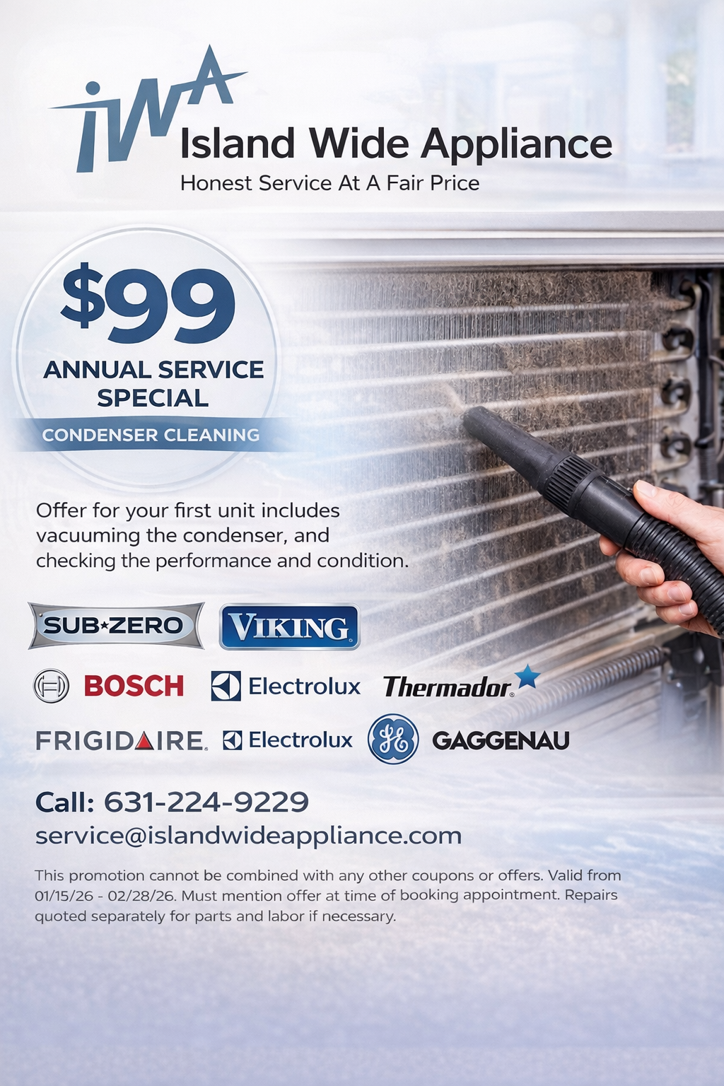 Ad for Island Wide Appliance: $99 annual service special for condenser cleaning. Offers servicing for various brands.