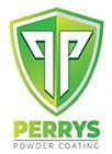 Shield logo of Perrys Powder Coating; green and white, stylized &ldquo;P&rdquo; letters.