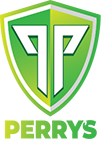 Green and white Perry's logo within a shield: stylized "PP" letters, "Perry's" text below.