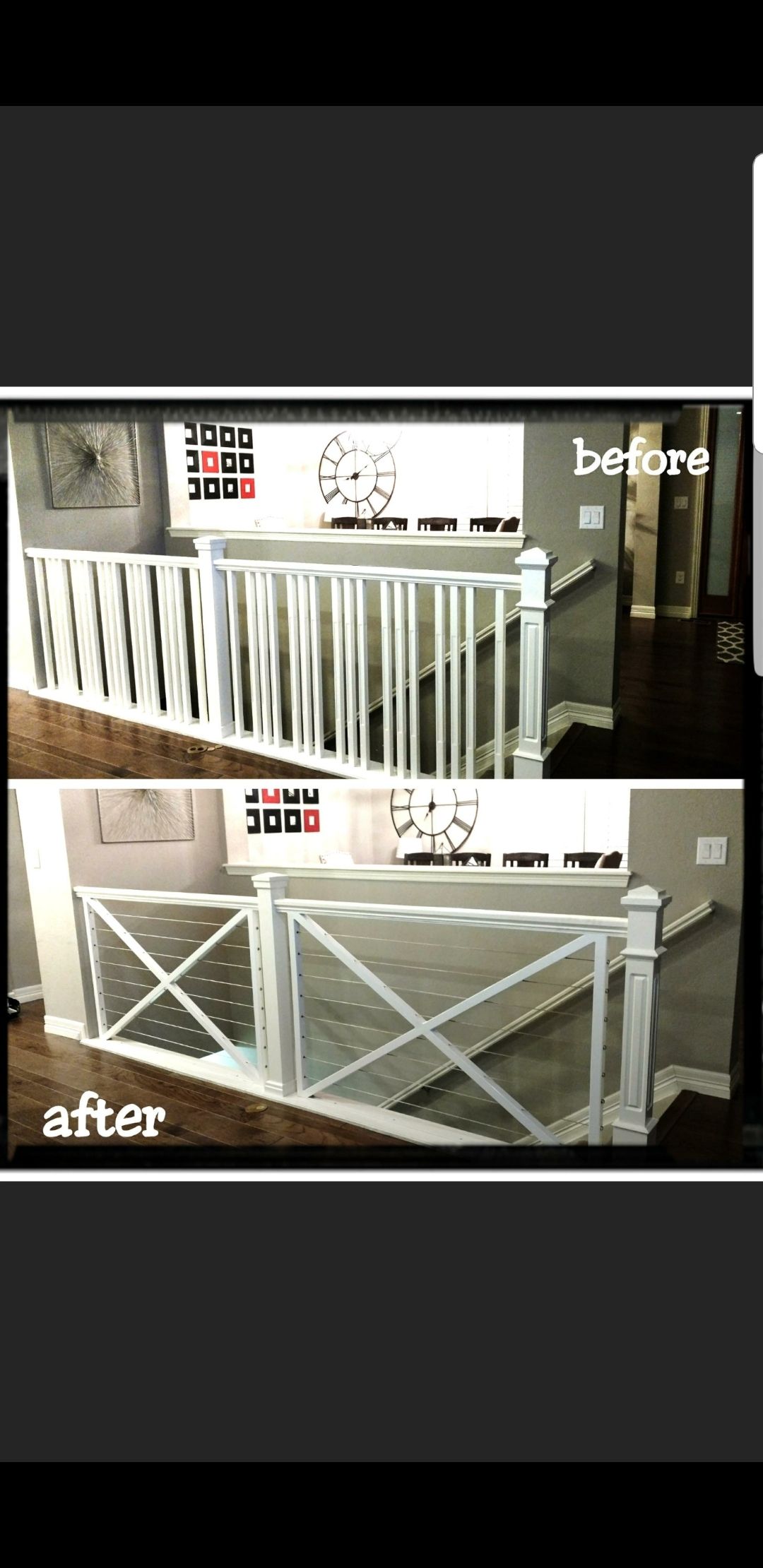 A before and after picture of a stair railing.