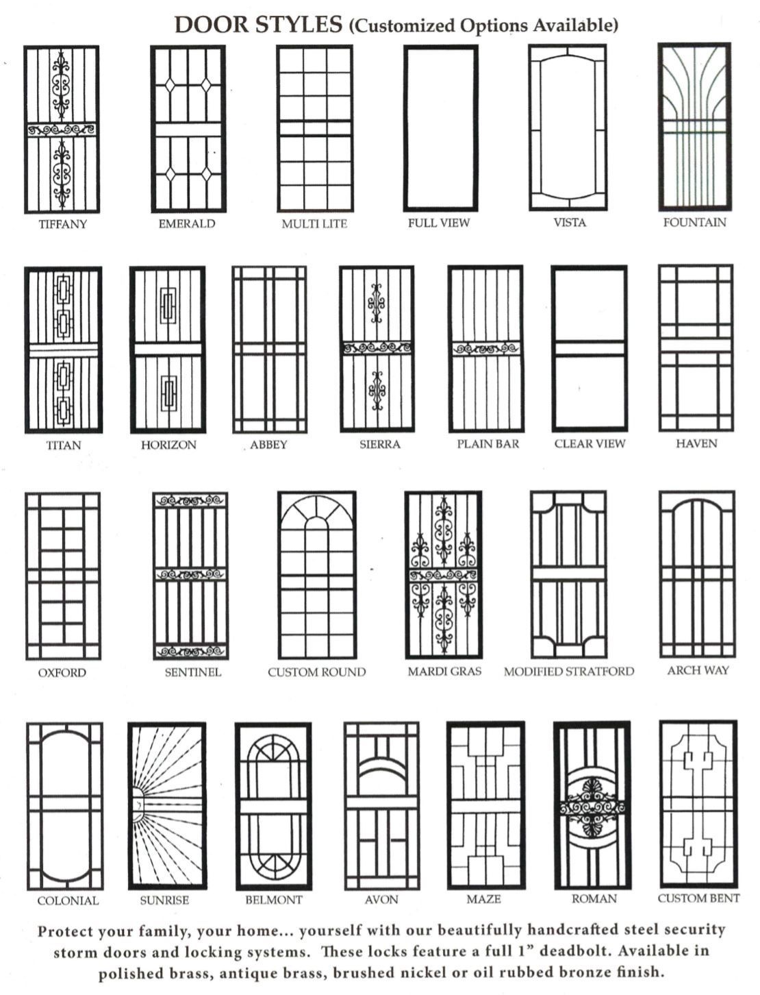 A black and white drawing of a variety of door styles.