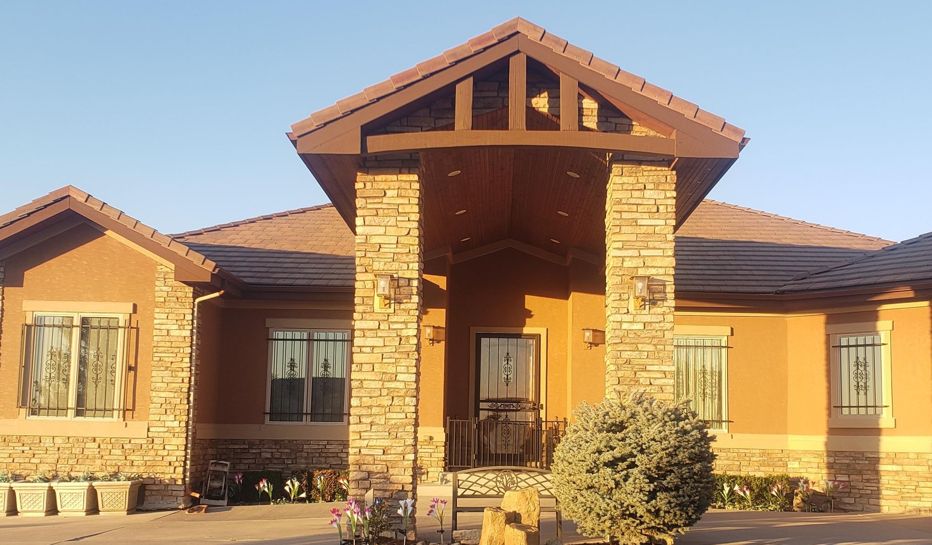 A large house with a dog in front of it