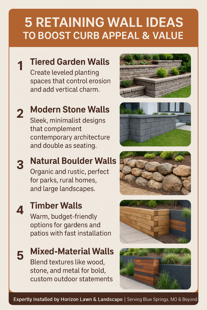 Infographic of 5 retaining wall ideas to boost curb appeal, with photos and brief descriptions