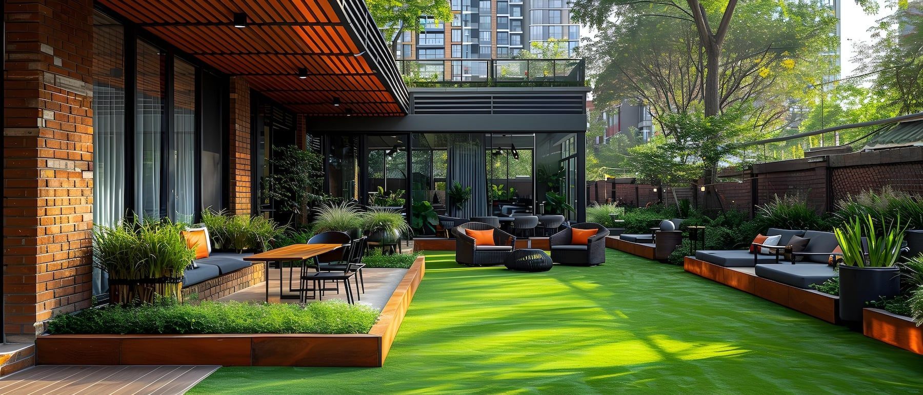 Modern backyard patio with orange seating, lush green lawn, and glass-walled house beside trees