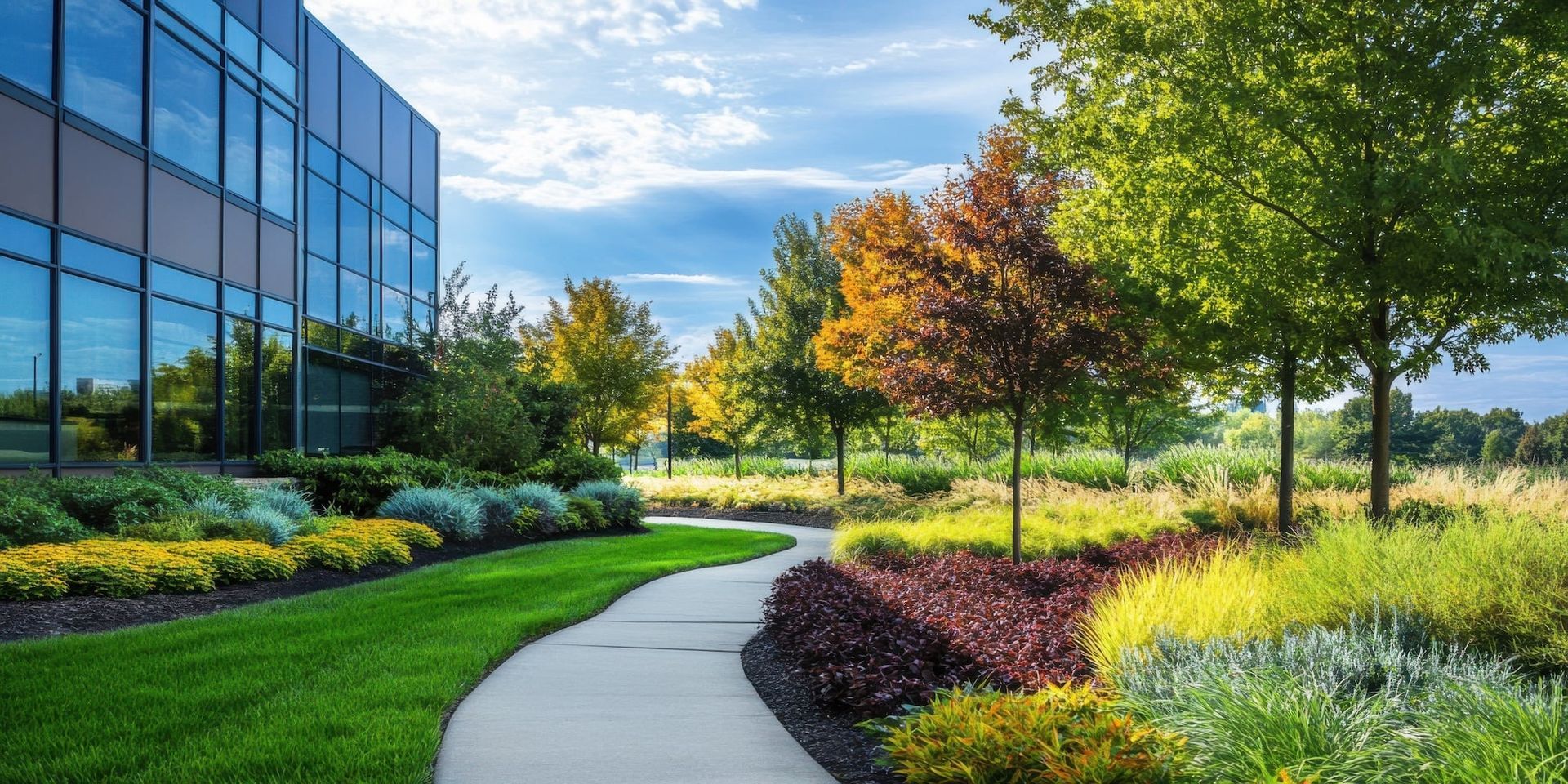 Curving walkway beside a glass office building and landscaped garden with green trees and colorful shrubs