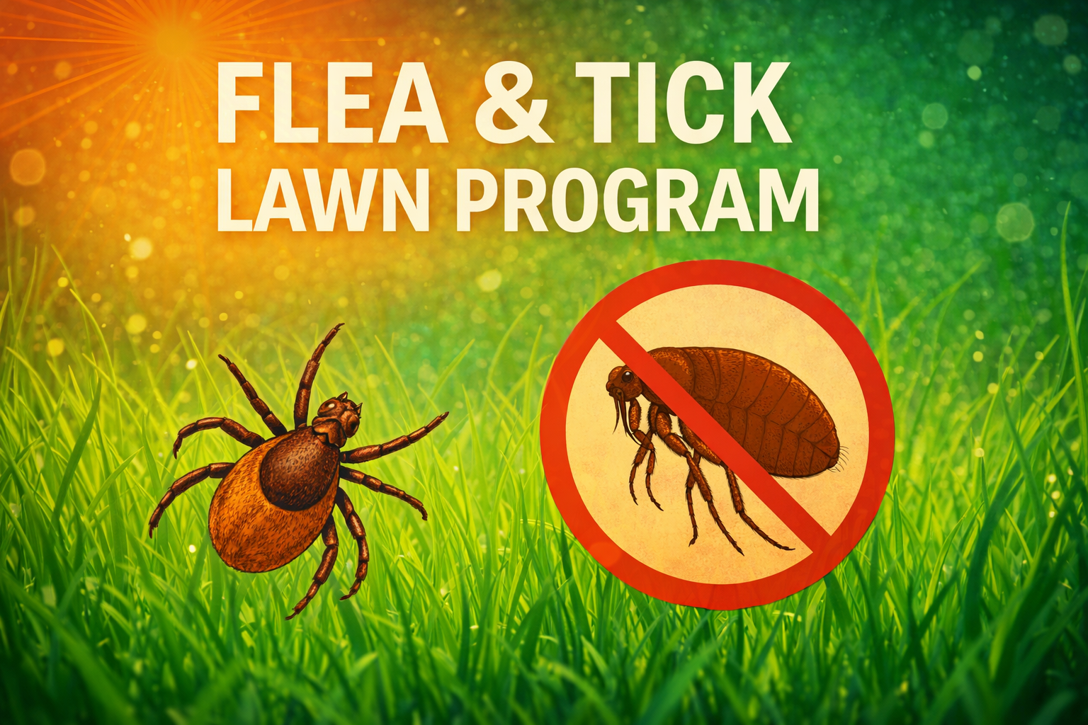 Flea and tick lawn program sign with a spider, tick icon, and green grass background
