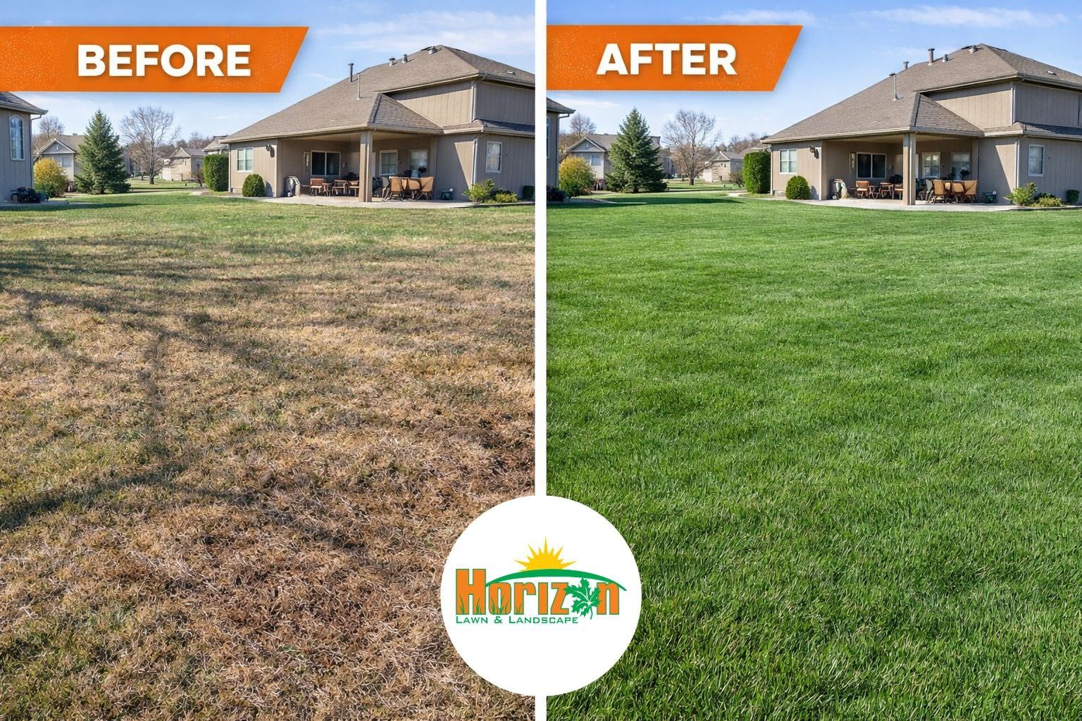 Before-and-after lawn renovation: brown grass on left, lush green lawn on right, with a suburban house in back.